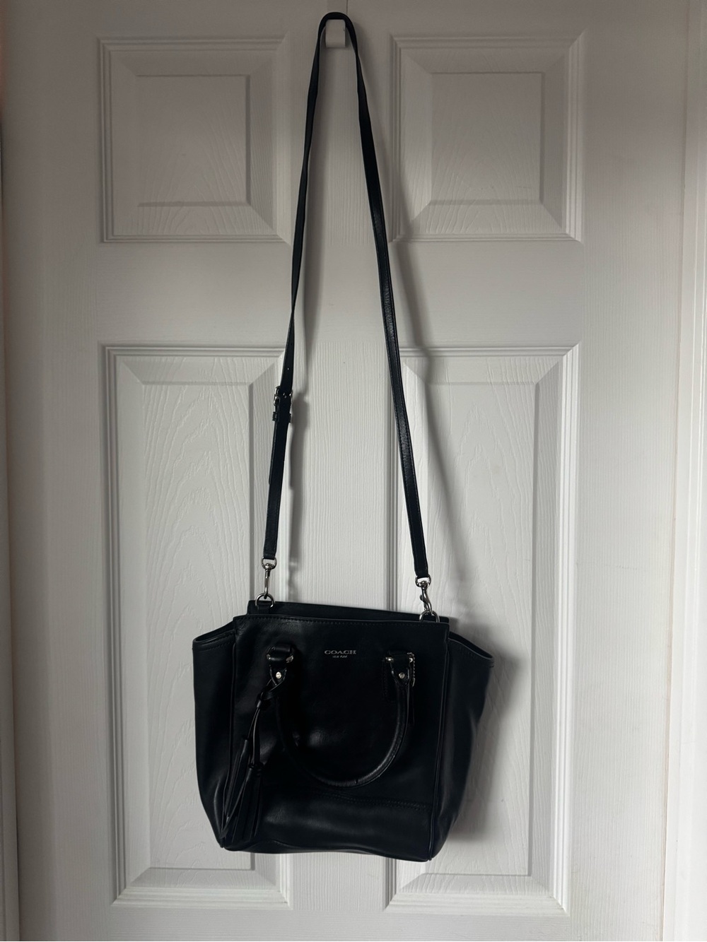 Coach Black Leather Shoulder Tote with Tassel Charm - Picture 2 of 8